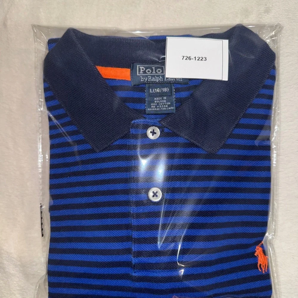 Polo Ralph Lauren Boys Blue Striped Short Sleeve Polo Shirt Size L 16/18 Pony